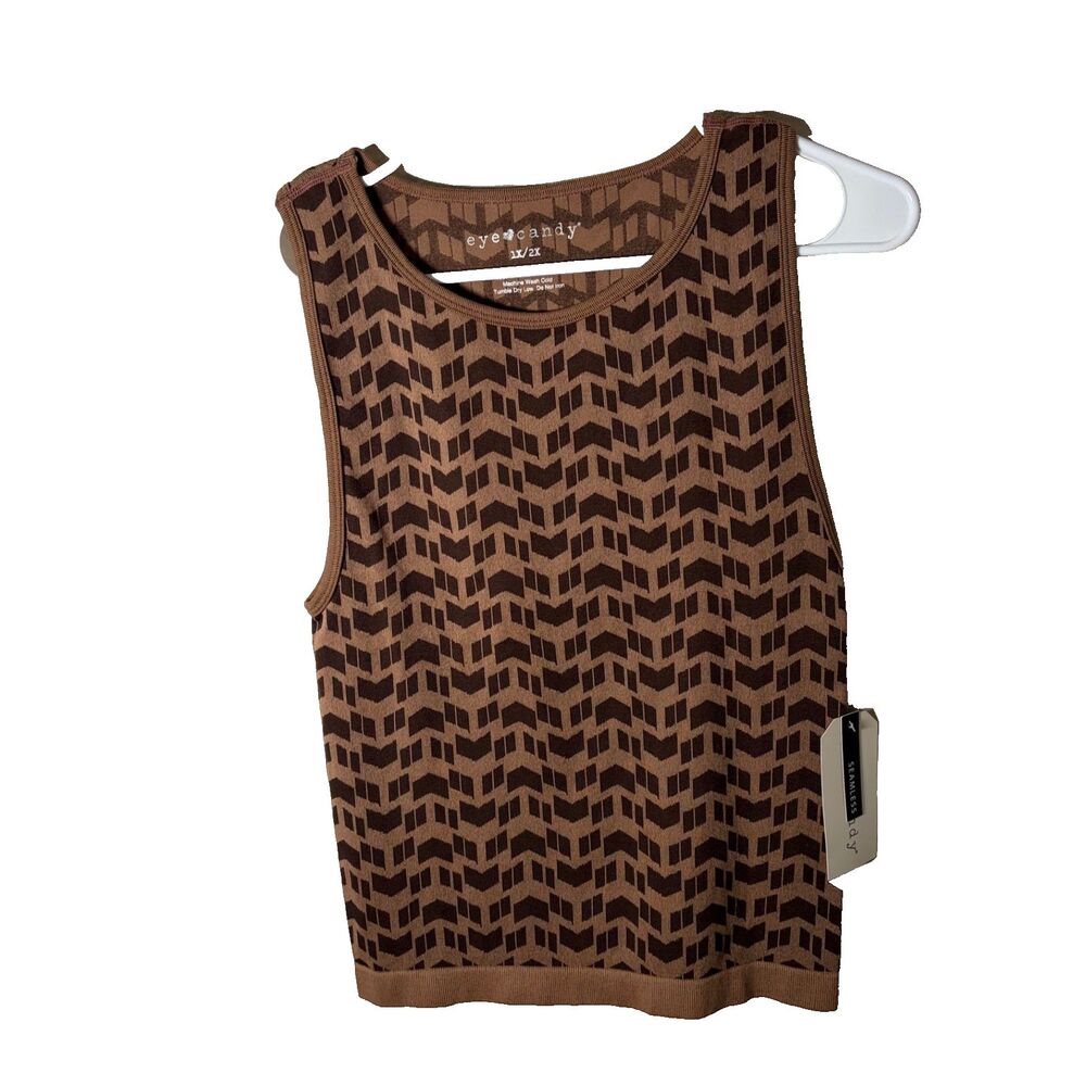 Eye Candy Tank Top Women's 1X/2X Brown Printed Seamless Round Neck Casual
